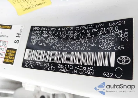 2021 Toyota Corolla Le z USA, uszkodzony, nr VIN JTDEAMDE7MJ006930